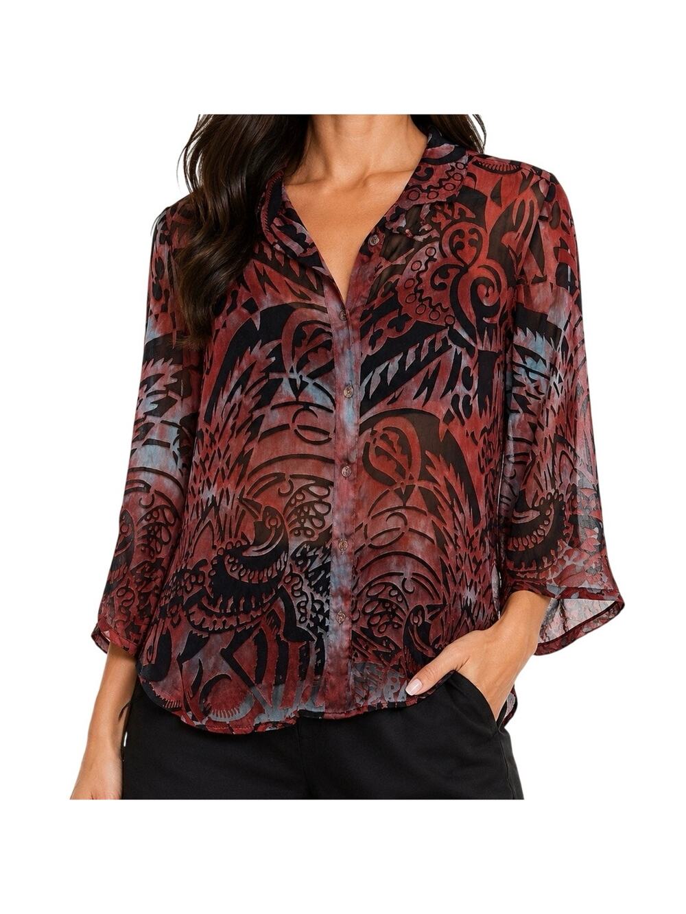 Citron Santa Monica Silk Sz Small Black Red Wearable Art Blouse Shirt Top Artsy